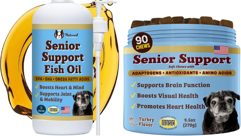 Naturlig hundeselskap Senior Dog Bundle - Omega 3 Fish Oil Liquid 16oz & Senior Wellness Chews 90ct - Støtte mobilitet, hjerne, hjerte og øye helse med gurkemeie, laks, løvens mane & omega-3s