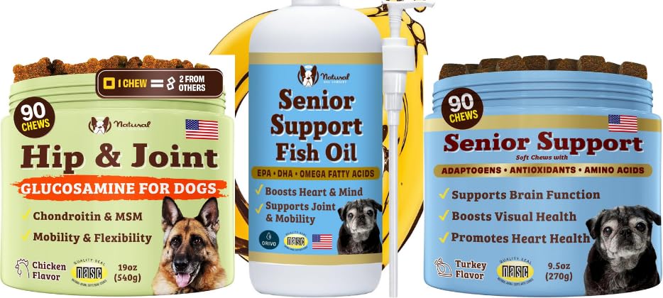 Naturlig hund selskap Senior Dog Bundle - Omega 3 Fish Oil 16oz + Senior Wellness Chews 90ct + Hip & Joint Chews 90ct - Støtte joints, hjerne, hjerte, øyne, hud og mobilitet med Omega-3s, Lions Mane & G