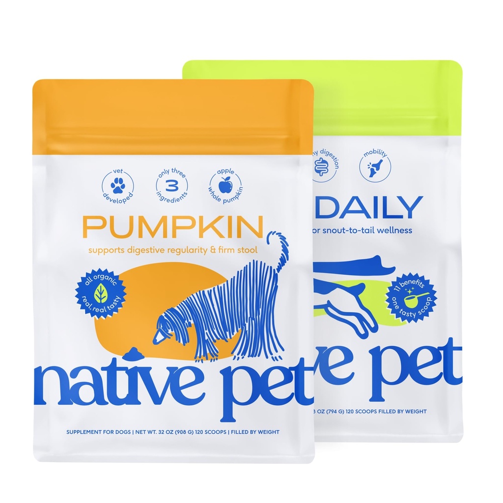 Native Pet Pumpkin for hunder (120 Scoops) og Daily Dog Supplement (120 Scoops) - Naturlig, organisk Pumpkin Fiber og 11-i-1 Hunde Multivitamin