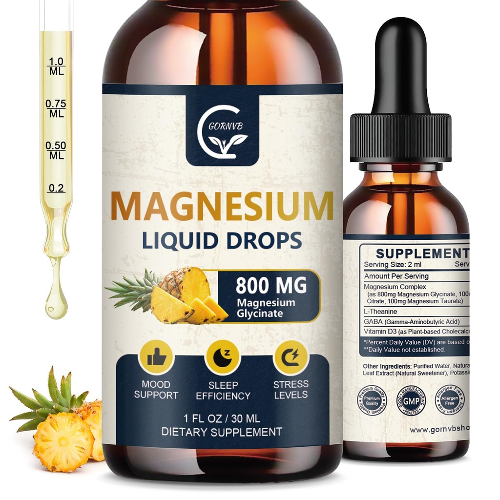 (2 Pakke) Magnesium Glycinat flytende | 1000 mg flytende magnesiumkompleks med D3, L-Thea & GABA for energi, søvn, Nerve og hjerte helse, høy absorpsjon, Pineapple Flavor