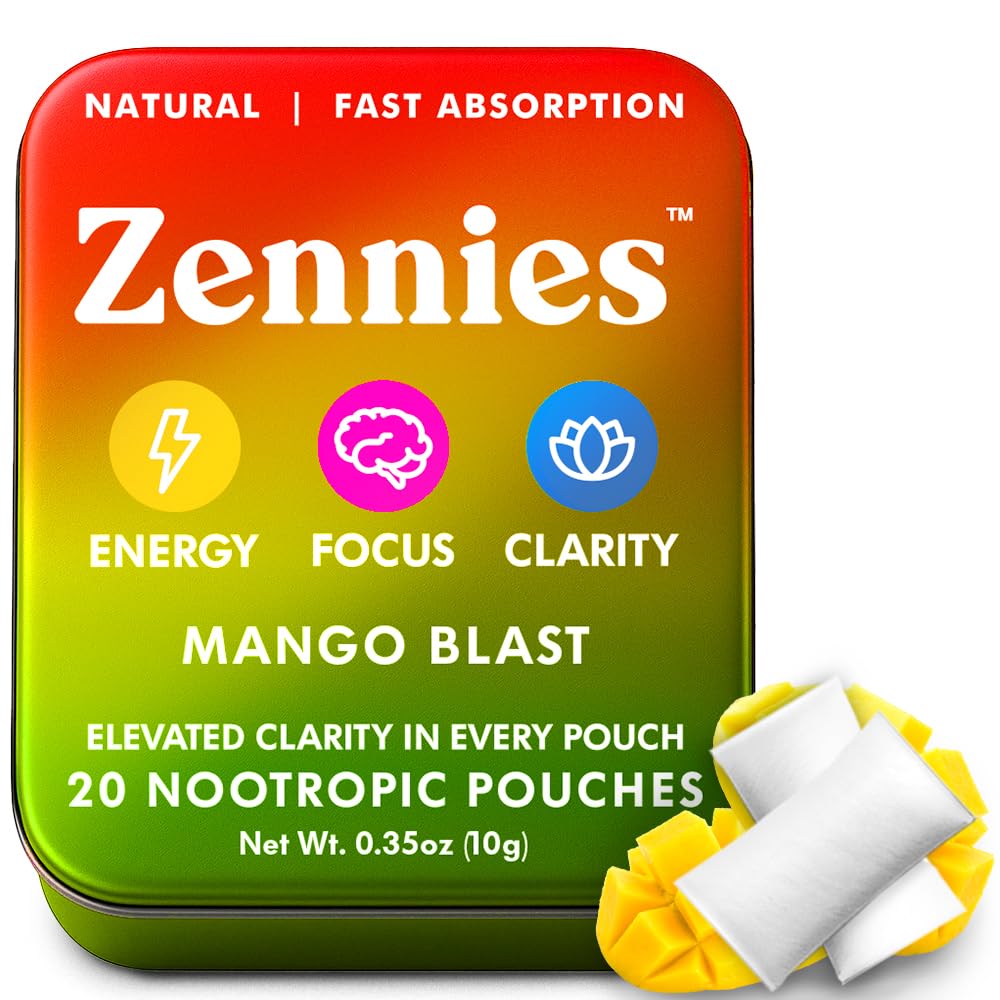Zennies Koffein Nootropic Pouches med Alpha GPC, L-Tyrosin & L-Theanine, Lion's Mane, Cordyceps, Reishi - Nicotine Free, Ingen sukker eller kunstige søtningsstoffer Nootropic Energy Pouches, Mango Blast 1 PK