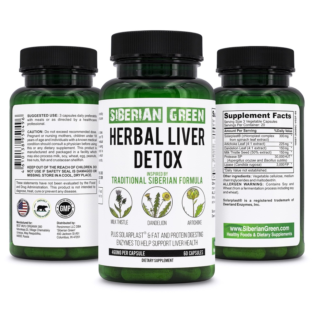 Sibirisk Grønn Herbal Liver Detox med melk Thistle Artichoke Dandelion 60 kapsler - Tradisjonell sibirsk formel Plus enzymer å støtte lever helse