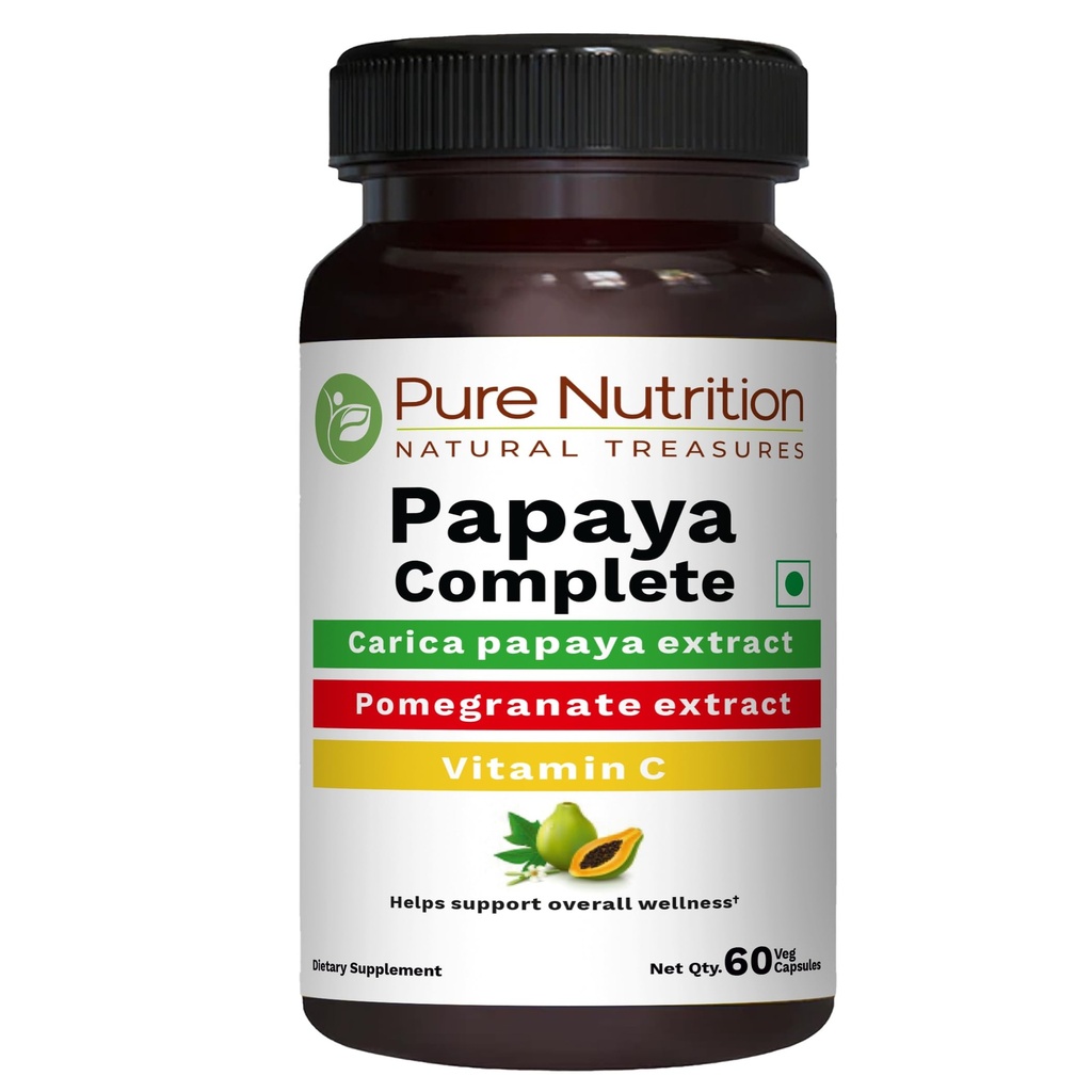 Pure Nutrition Papaya Complete - 60 Veg Kapsler (Supporterer tromboembolisme og Digestion) Hver kapsel inneholder 500 mg Carica Papaya Frukt og Blaf Ekstrakt. Ikke-GMO | Glutenfri