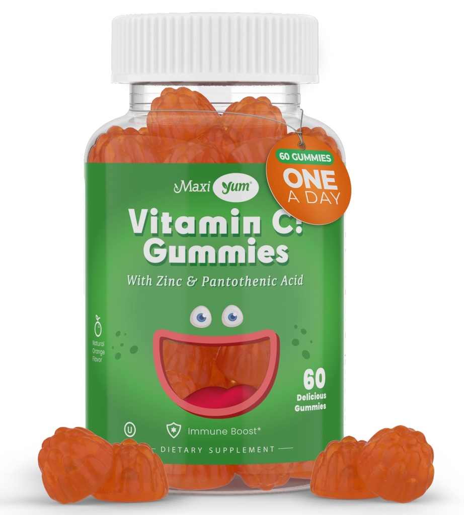 Maxi-Helse Vitamin C Gummies med sink - Maxi-Helse Vitamin C med sink for barn og voksne - Respiratorisk støtte og immunforsterker - Ingen preservative og kunstige flavors - 60 fruktformede gummier