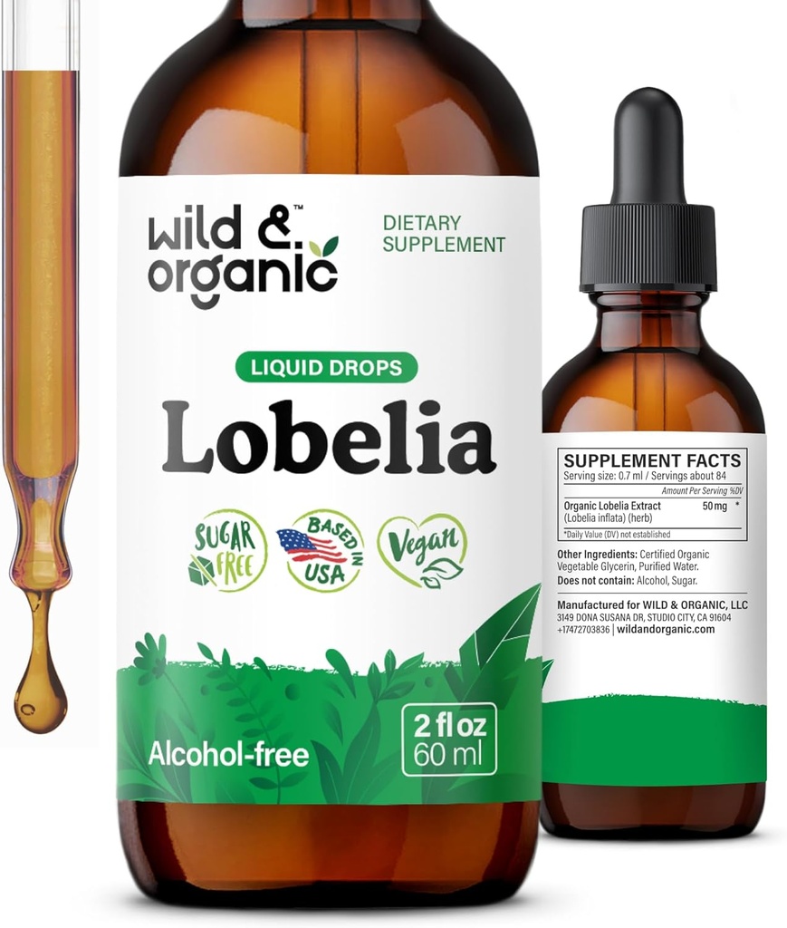 Wild & Organic Lobelia Tinktur - Herbal Lung Cleanse og Detox - flytende Lobelia Extract Supplement - Vegan, Sukker & alkoholfri urter - 2 fl oz