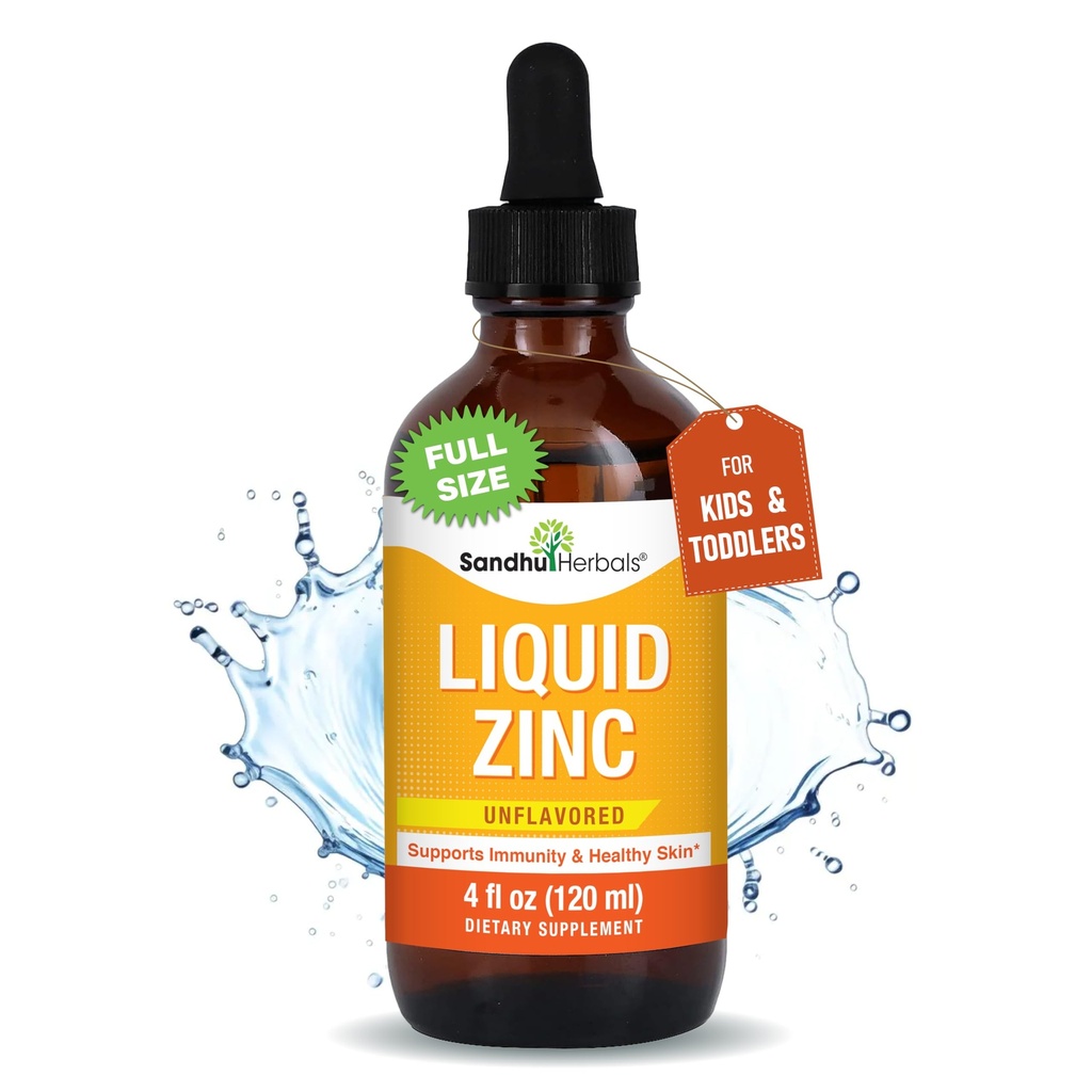 SANDHUHERBALS flytende sink for barn, tilhengere og babyer | 4 Fl store glassflaske | Ioniske sink kosttilskudd Sulfat Dråper | Immunstøtte | Nem å ta, vannløselig | Unflavored