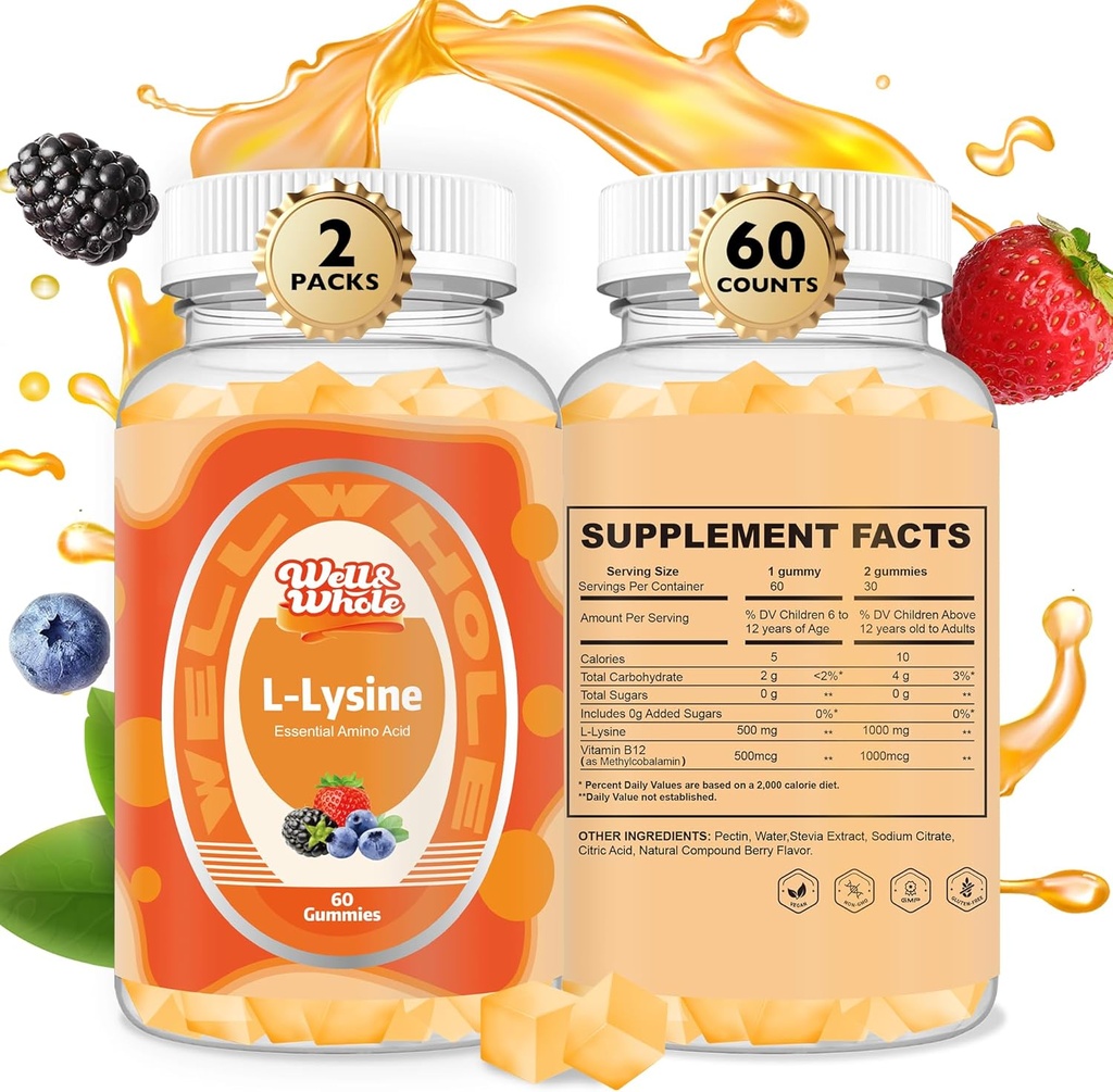 L-Lysine Gummies 1000mg - L-Lysine Supplements for barn og voksne - Lip and Cold Sore * Støtte for kvinner - Chewable Lysine Gummies med vitamin B12 - Vegan, ikke GMO, Glutenfri, 120 Antall