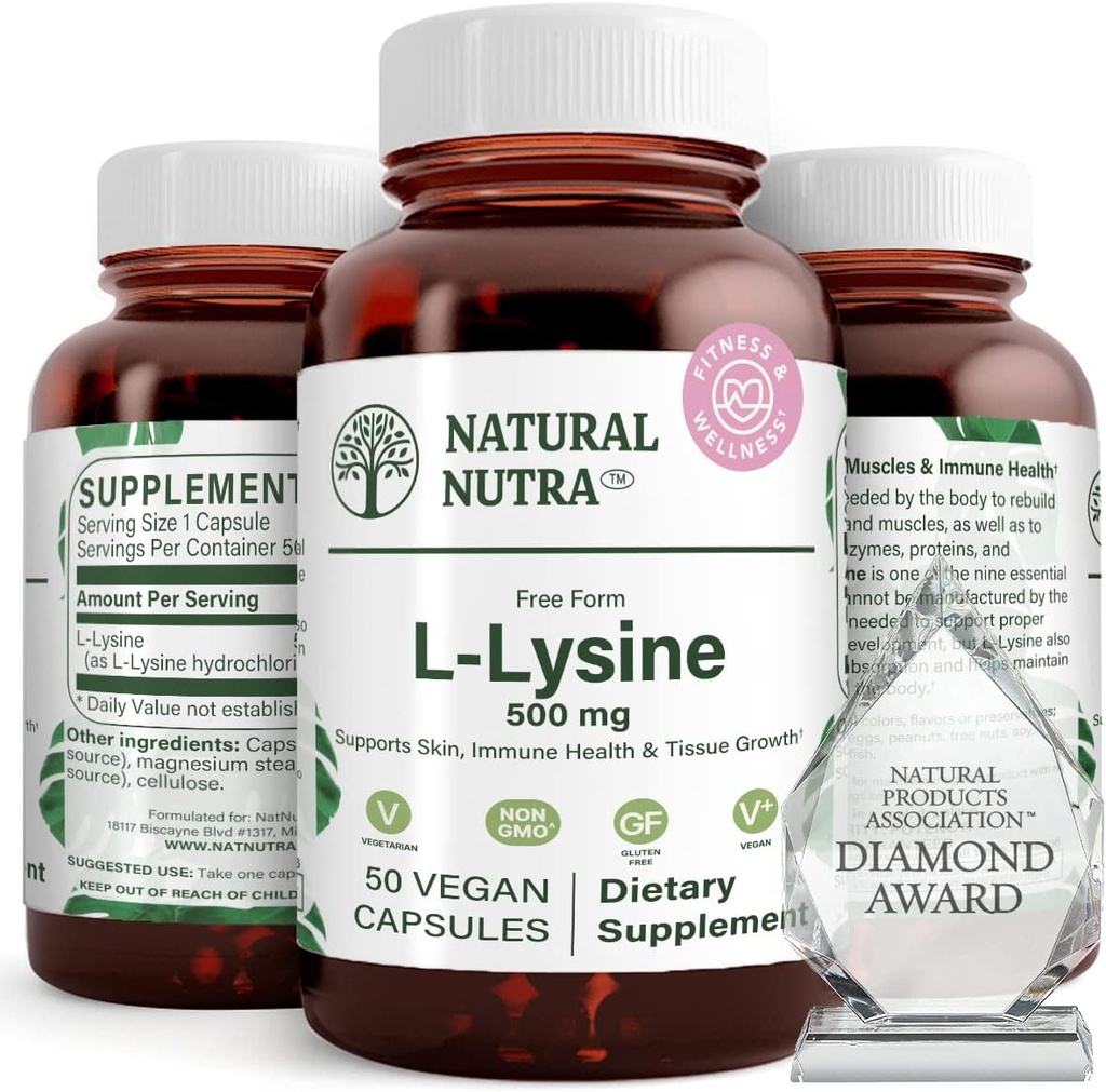 Naturlig Nutra L Lysin HCl, fremmer bein helse og vekst, støtte hud helse, forbedre vitamin absorpsjon, hjelper bygget kollagen, forbedre kalsiumabsorpsjon, ikke-GMO, vegansk, 500 mg, 50 kapsler.