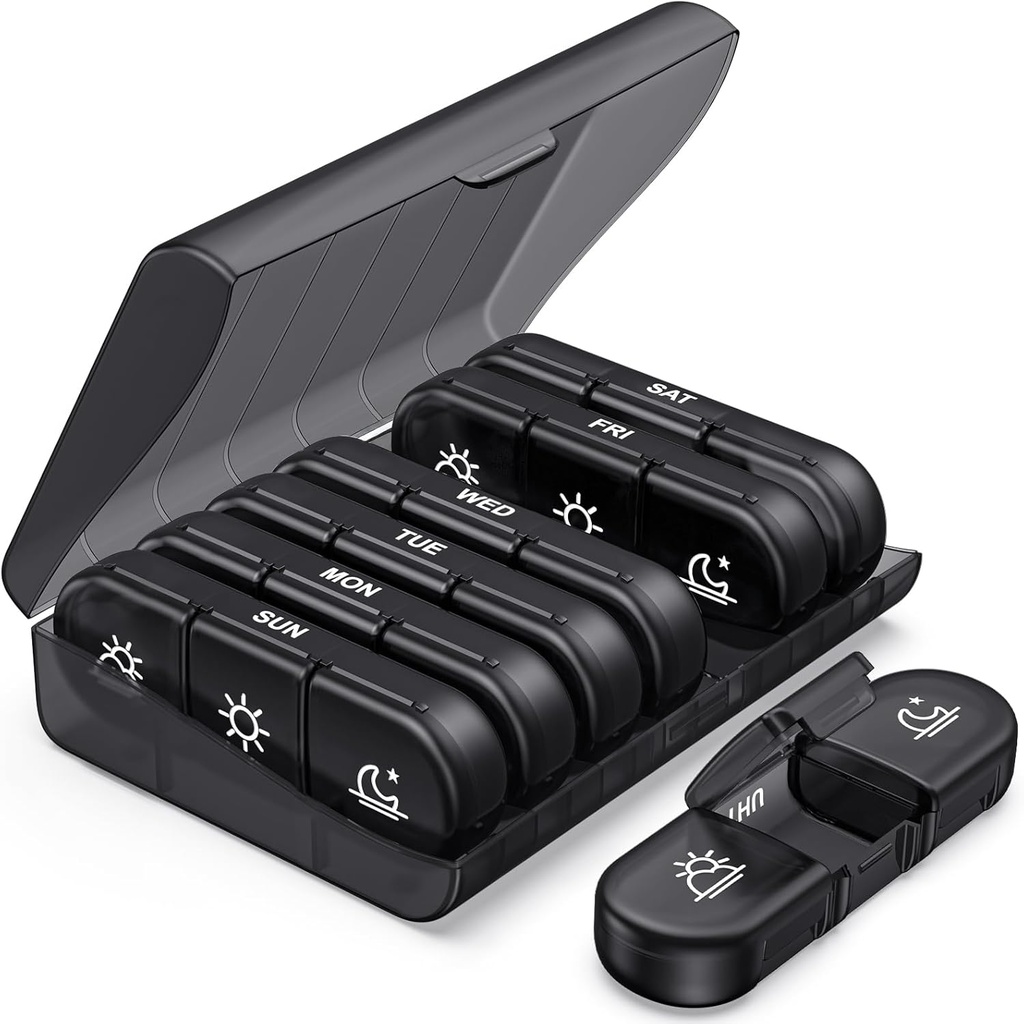 PULIV Ukelig Pill Organizer 3 ganger om dagen, bærbar reisepille 7 dag med store piller beholdere, lys-proof piller tilfelle for vitaminer, medisinering, kosttilskudd og fiskeoljer (svart)