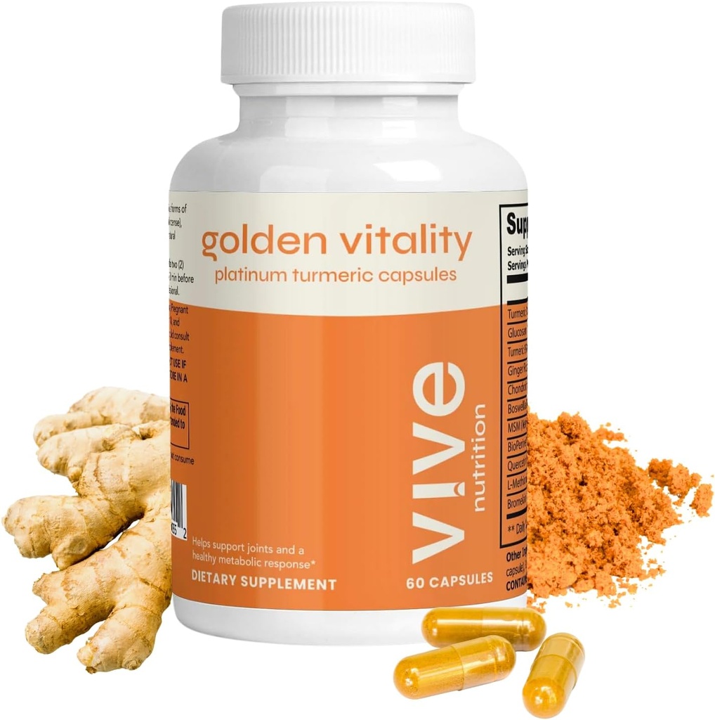 Golden Vitality Turmeric Curcumin Capsules - Platinum blanding med 95% Curcuminoids, Glukosamin, Chondroitin, MSM & BioPerine - Felles & Bone Support - 60 Count, 30 dagers forsyning