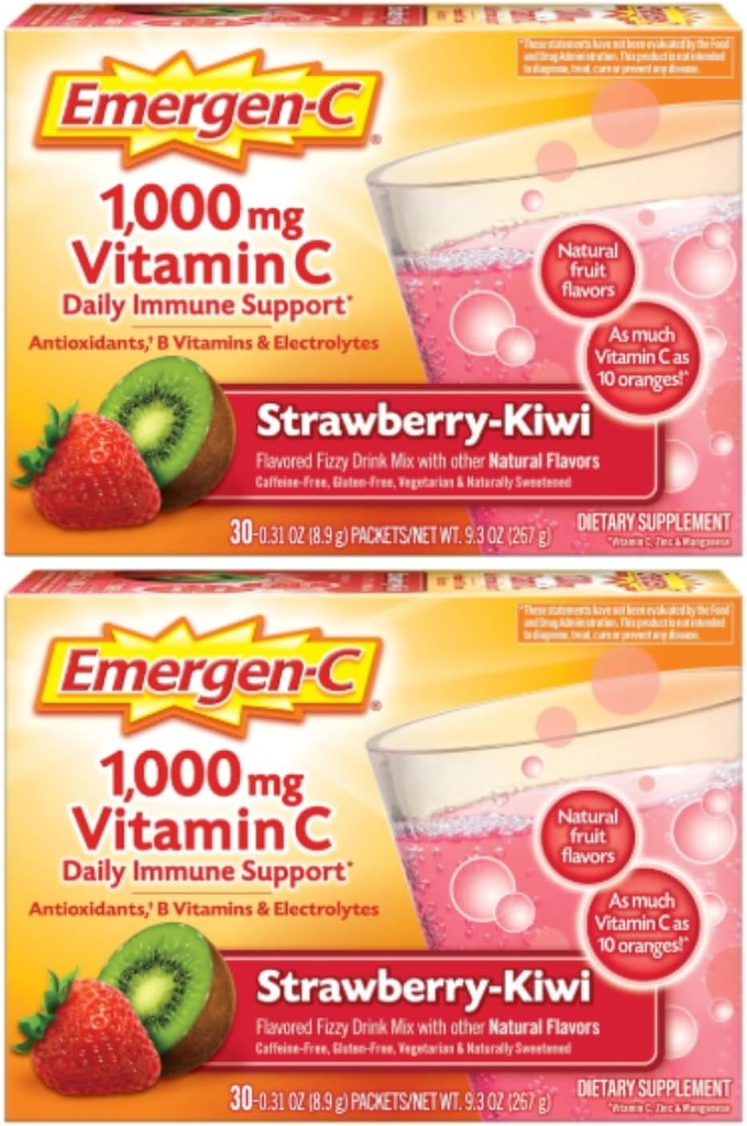 Emergen-C 1000mg vitamin C pulver, Jordbær Kiwi Flavor, Antioksidanter, B vitaminer og elektrolyter, vitamin C kosttilskudd for immunstøtte, 30 greve (Pack of 2)