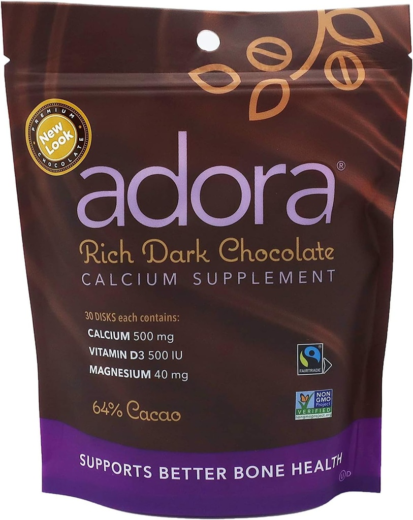 Adora - Kalsiumtilskudd mørk sjokolade, 30 ct (pakke med 6)