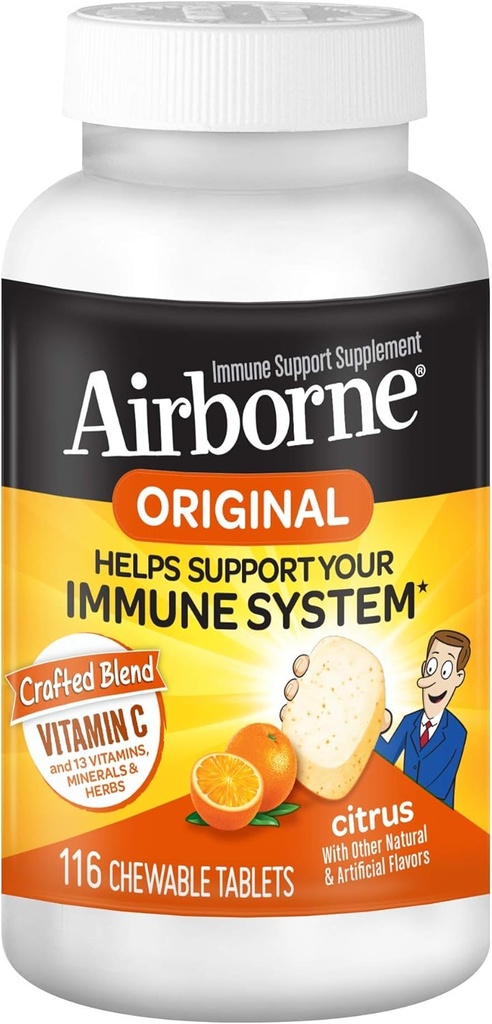 Airborne 1000 mg vitamin C + sink immunstøtte Supplement Chewable tabletter, Citrus flavor med kraftige antioksidanter vitaminer A C & E, 116 Chewable tabletter (3 pakke)
