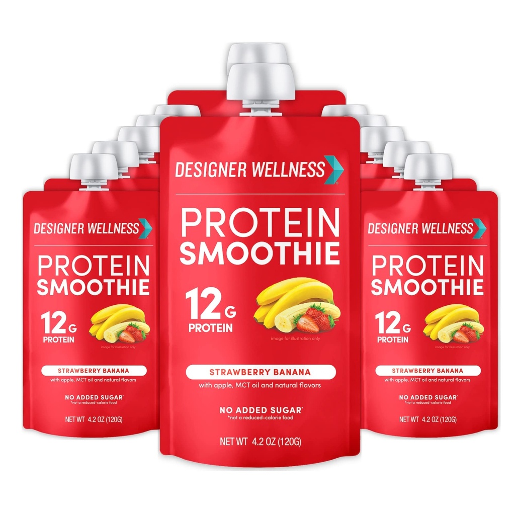 Designer wellness protein smoothie, ekte frukt, 12g protein, lav karbohydrat, null tilsatt sukker, glutenfri, ikke-GMO, ingen kunstige farger eller flavors, jordbær banan, 12 greve