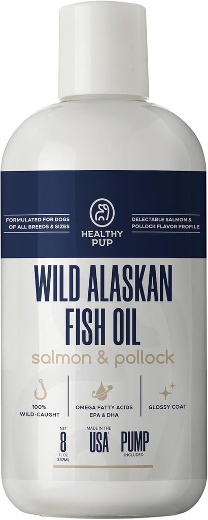 Wild Alaskan Salmon Oil for hunder med Pollock - 8 oz Pollock og Salmon Oil, Omega 3, EPA og DHA - Hunde Hud og Coat Supplement - laget i USA