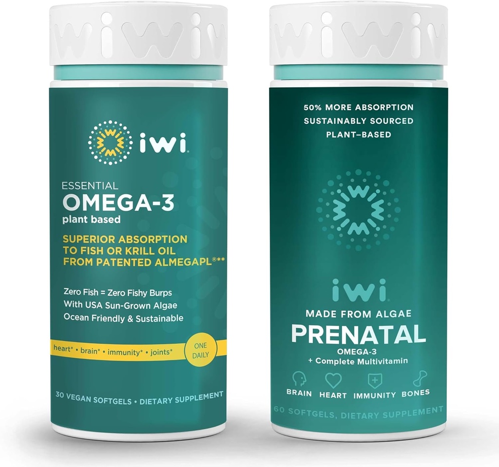 Iwi Omega-3 Essential & Prenatal Multivitamin Bundle, 30 serveringer, Vegan Plant-basert Algae Omega 3, Krill & Fish Oil Alternative, Ingen Fiskig Ettersmak
