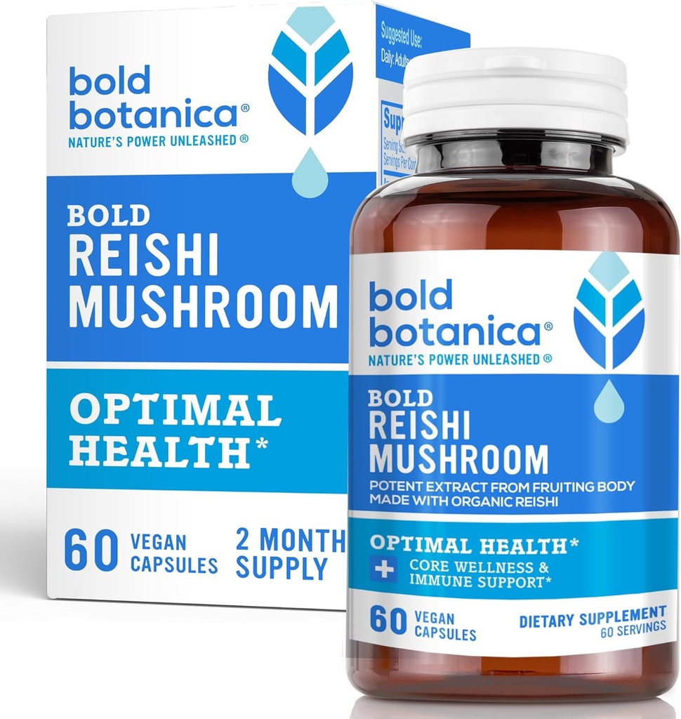 Bold Botanica Reishi Mushroom Capsules - 100% Fruiting Body - Konsentrert organisk Reishi ekstrakt for immunstøtte og kjerne velvære - Ingen Mycelia & Ingen korn - 60 Vegan Capsules