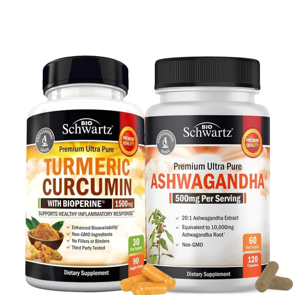 Ekstra styrke Ashwagandha kapsler (2 måneders forsyning) Plus gurkemeie curcumin med svart pepper ekstrakt 1500 mg kompleks (trial størrelse)