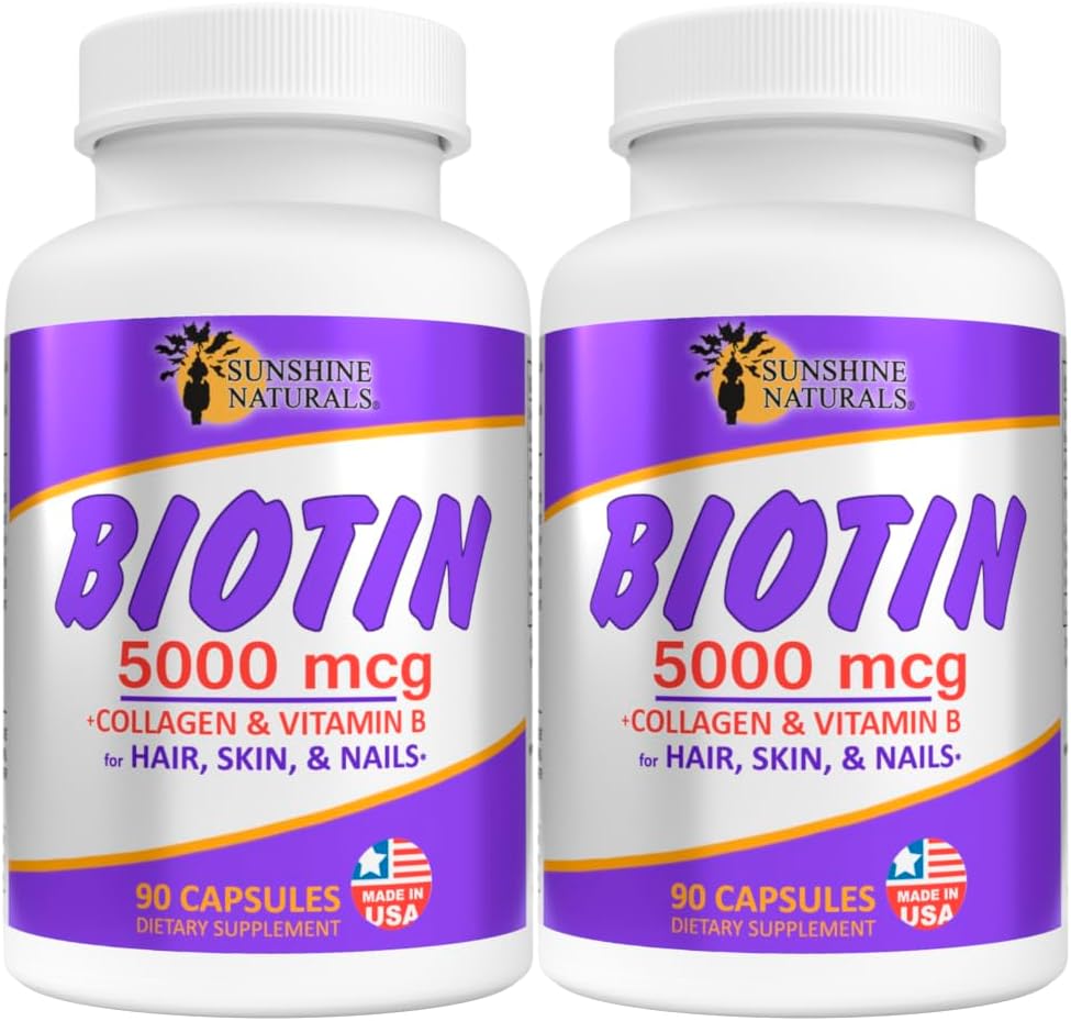Sunshine Naturals Biotin kosttilskudd. for sunnere hud, tykkere hår, neglevekst. Collage, vitamin A, B for håravfall, skjønnhet, cellefornyelse, Scalp helse. 5000 mikrog. 90 kapsler. Pakke med 2