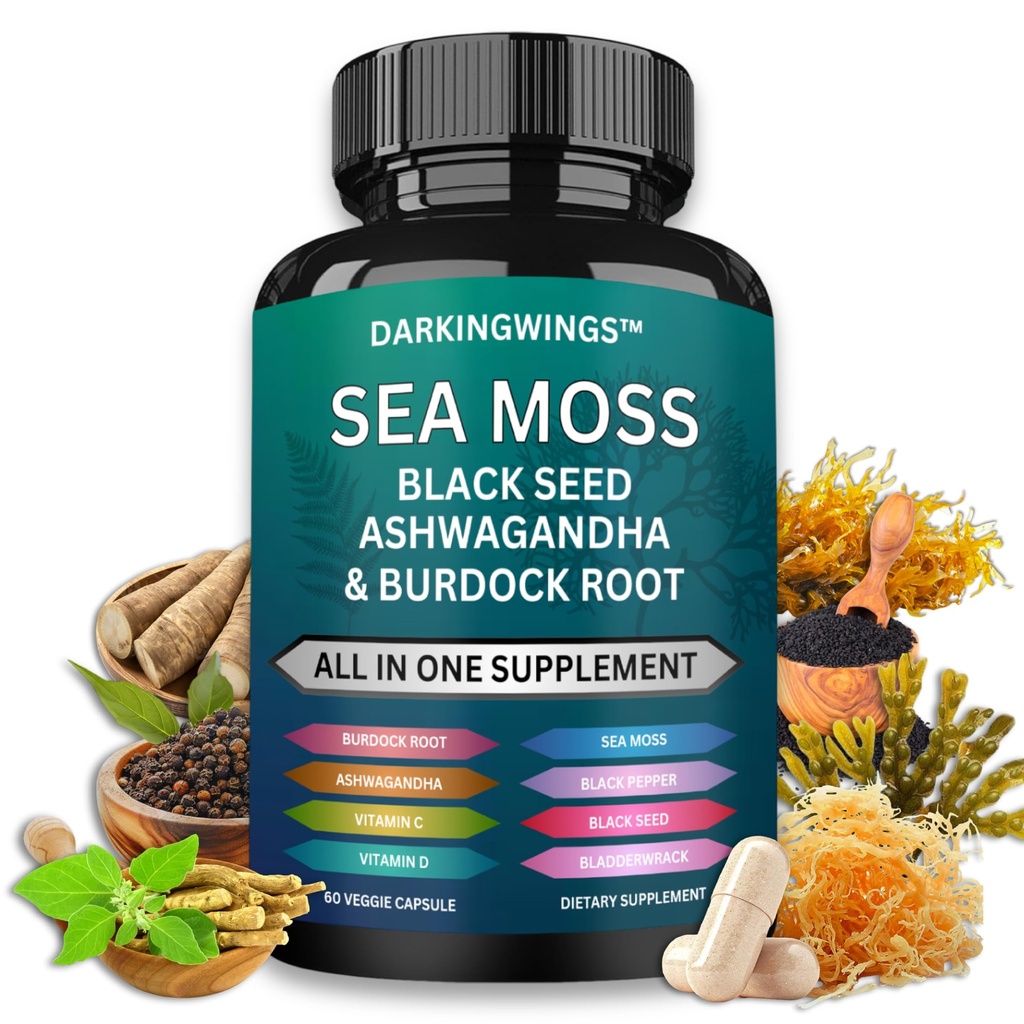 Sea Moss Advanced - Sea Moss 3000mg Svart Seed Oil 2000mg Ashwagandha 1000MG Bladderwrack 1000mg Burdock 1000mg & vitamin C-vitamin D3 For huden hår kosttilskudd |Man & kvinner 30 dager Supply Capsules