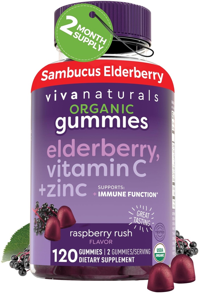 Viva Naturals Organic Sambucus Elderberry Gummies for voksne (120 greve) - 3in1 Black Elderberry Vitamin C og Zink Immune Support Gummies, Chewable Elderberry Supplement, Zink Immunity Gummies