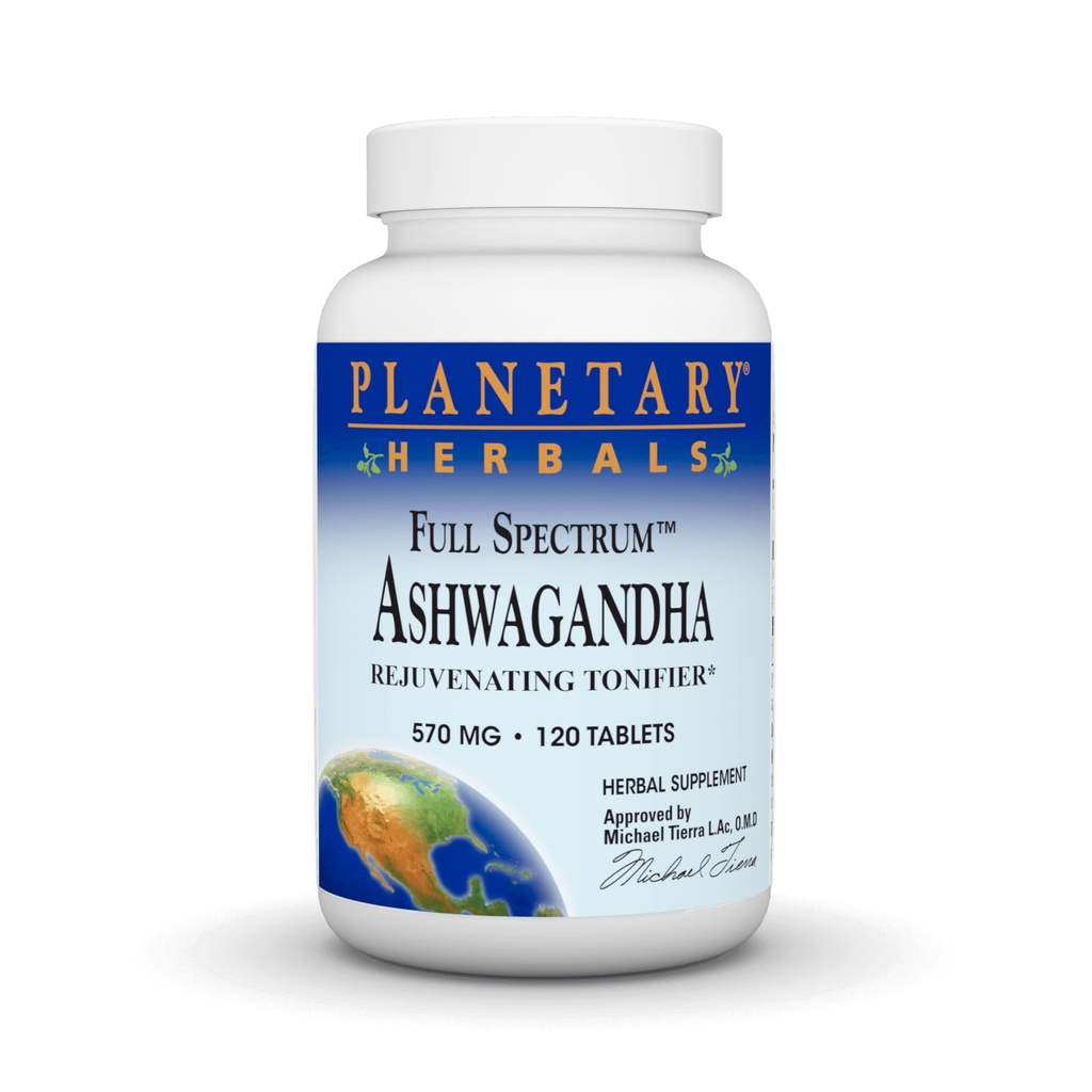 Planetary Herbals Ashwagandha Full Spectrum 570 mg, fordomming Tonifier,120 tabletter