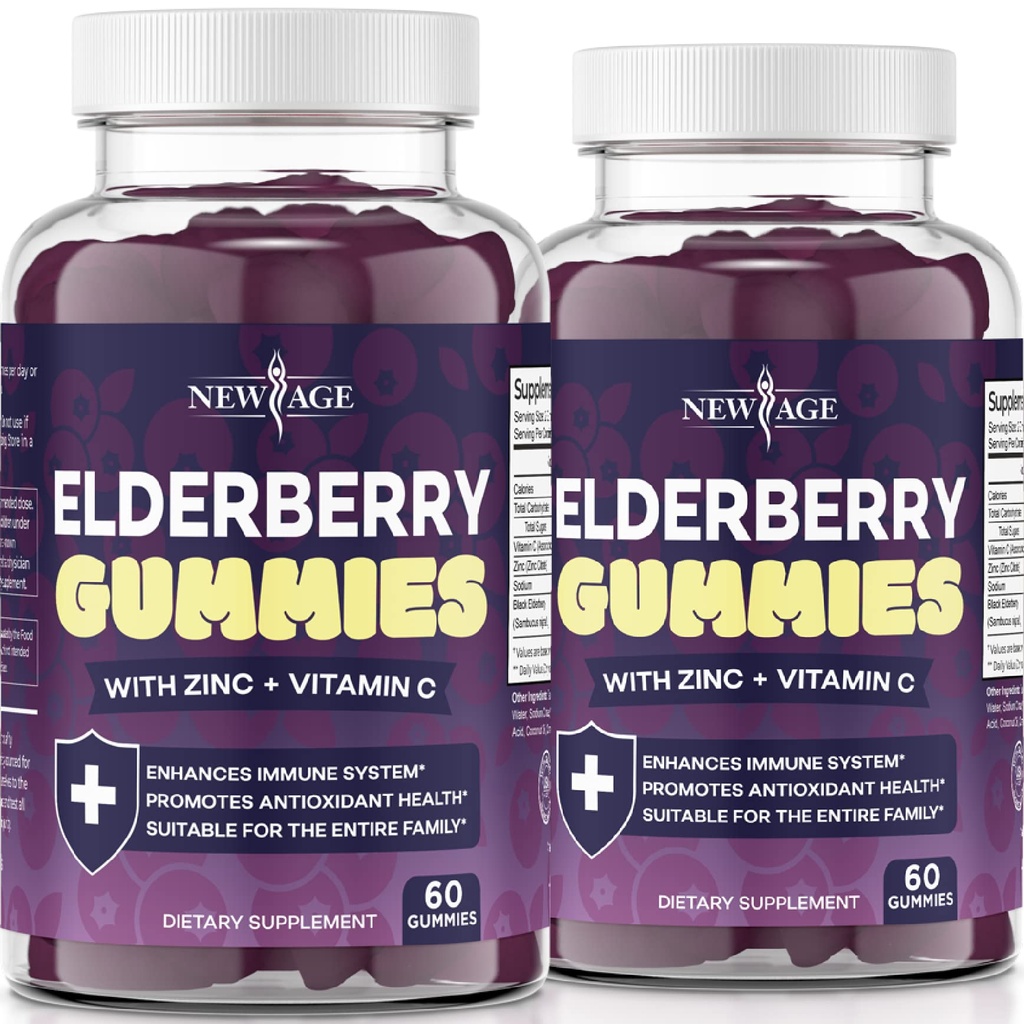 NEW AGE (2-Pack) Premium Elderberry Gummies for voksne barn med vitamin C, sink, propolis - Sambucus Black Elderberry Gummy Extract - Glutenfri og vegetarisk - 120 Gummies