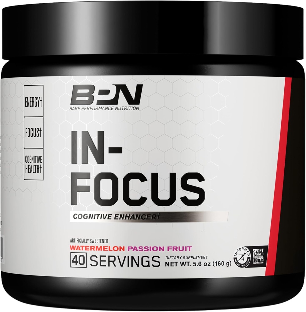 BARE PERFORMANCE NUTRITION, BPN i-Focus Brain Support Supplement, Forbedre fokus og energi, Alpha GPC, Vannmelon Passionfrukt, 40 serveringer