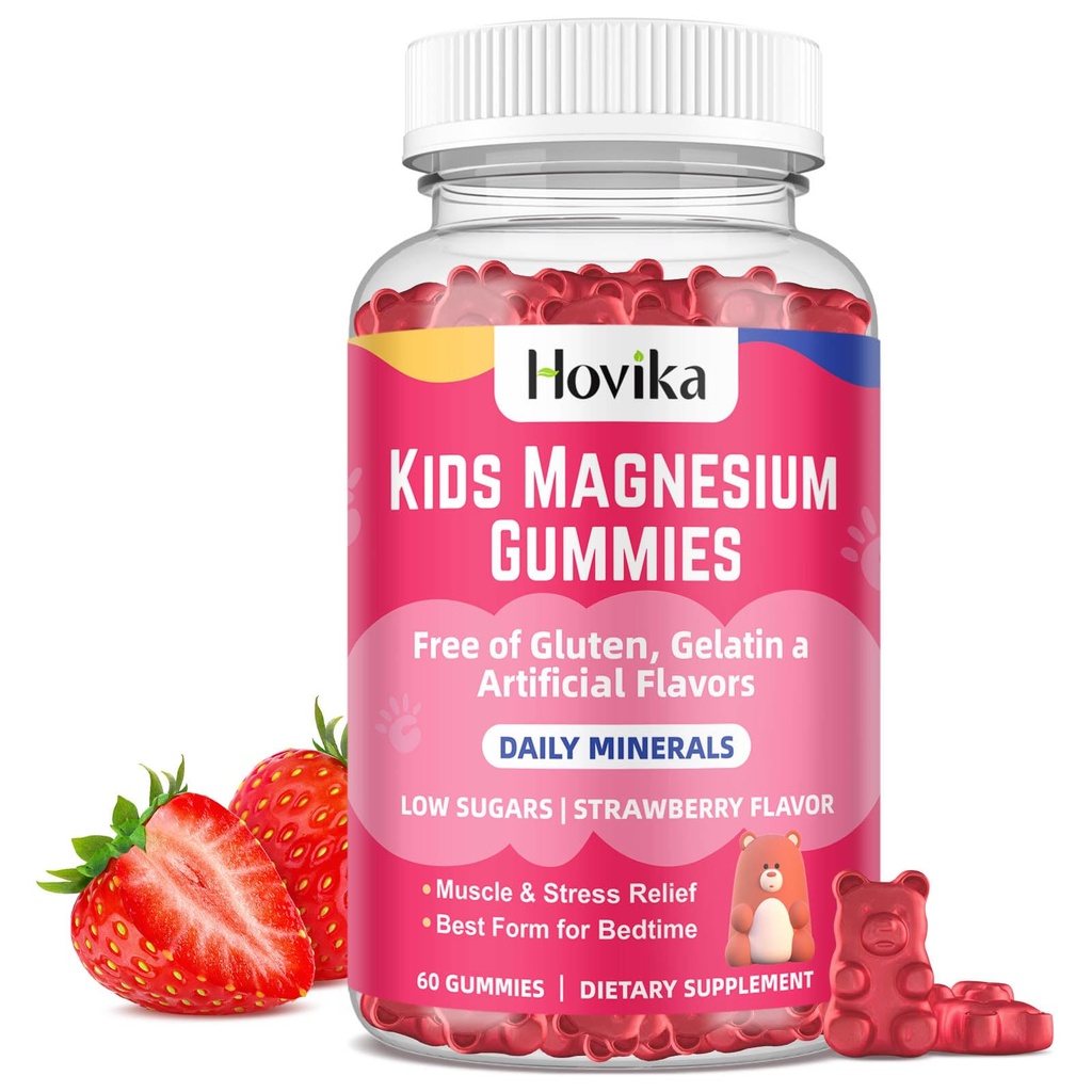 Magnesium Gummies for barn - Magnesium Citrat + Vitamin B6 & D3 - Great Tasting Kids Magnesium Calm Gummies for Nerve Bone og Muskel helse for barn velvære, Vegansk Jordbær Flavor 60 Count