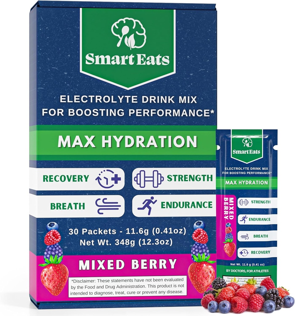 Smart spiser elektrolytpulver - 1.690mg elektrolyter, 9 essensielle mineraler og vitaminer, 5 antioksidanter, Rapid & Energising Hydration, designet av leger, <1 gram sukker, sur Berry Flavor - 30 pakker
