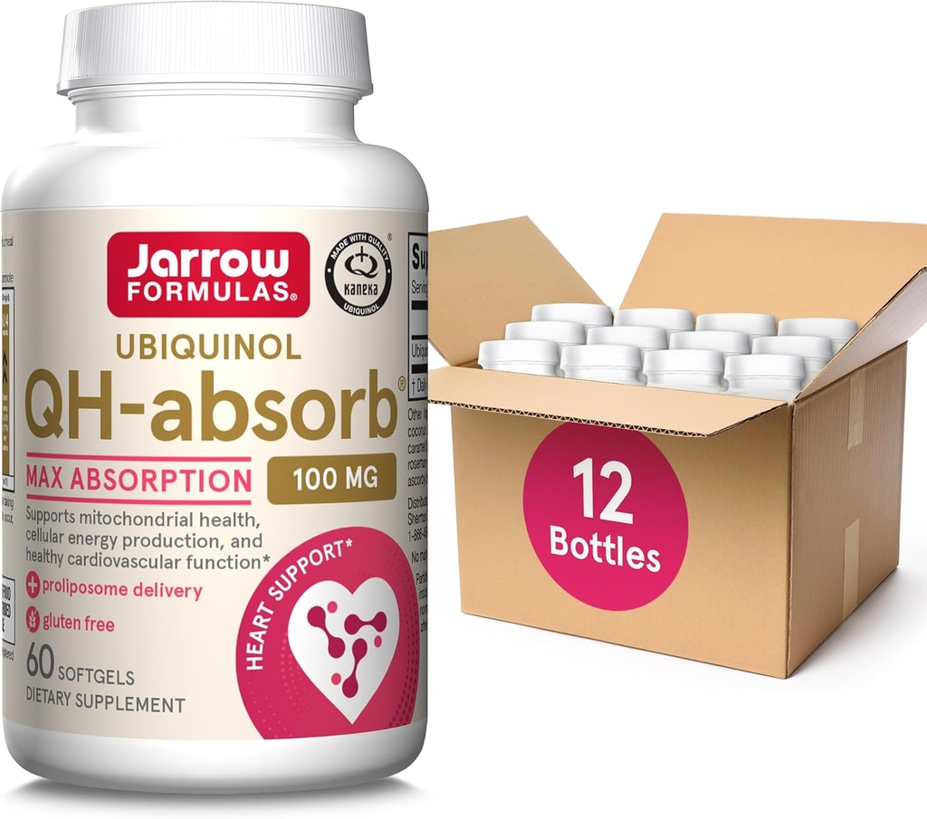 Jarrow Formler QH-Absorb 100 mg Max Absorpsjon- CoQ10 Ubiquinol- Opptil 60 Serveringer (Softgels) - Støtter Mitochondrial helse, cellulær energiproduksjon og sunn kardiovaskulær funksjon, pakke med 12