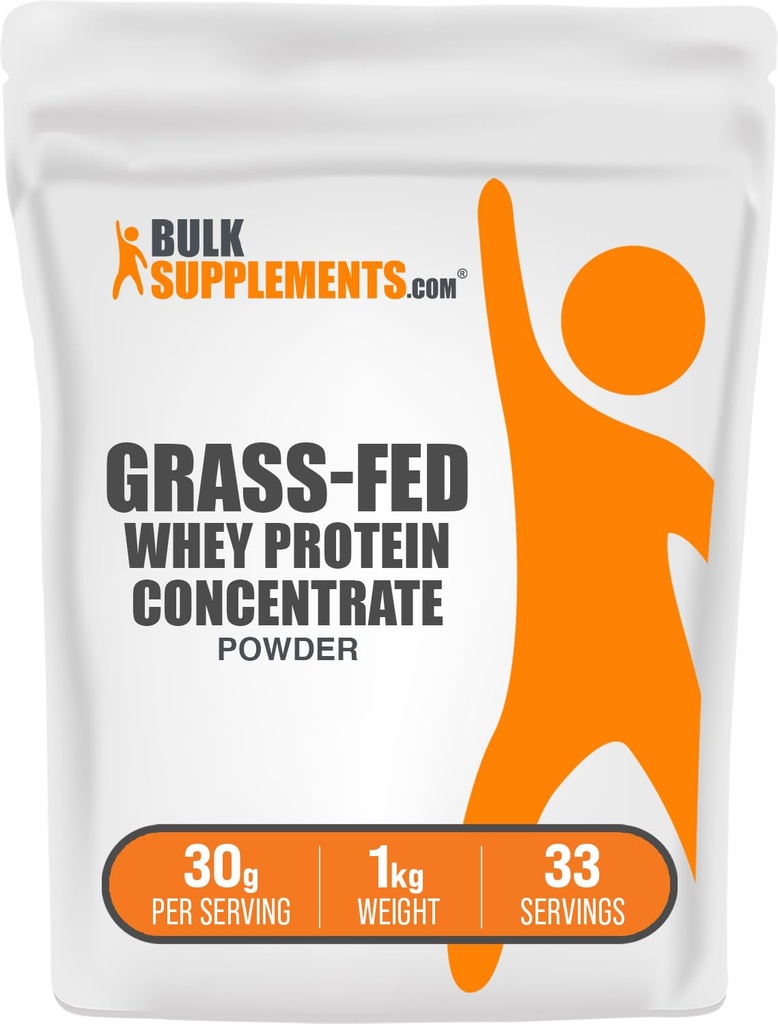 BulkSupplements.com Grass Fed Whey Protein pulver - Whey Protein konsentrat pulver - Uflavorert og glutenfri, 30g per servering, 1kg (2,2 lbs) (Pack of 1)