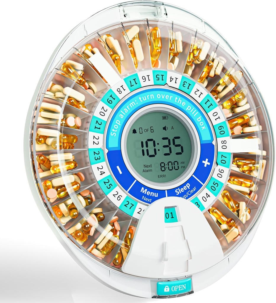 Windtrace Automatic Pill Dispenser for eldre, elektronisk månedlige piller Organizer med alarm og lys, 28 dager Smart Lock Medisin Dispenser, Timed Pill Dispenser Machine for resepter og vitaminer