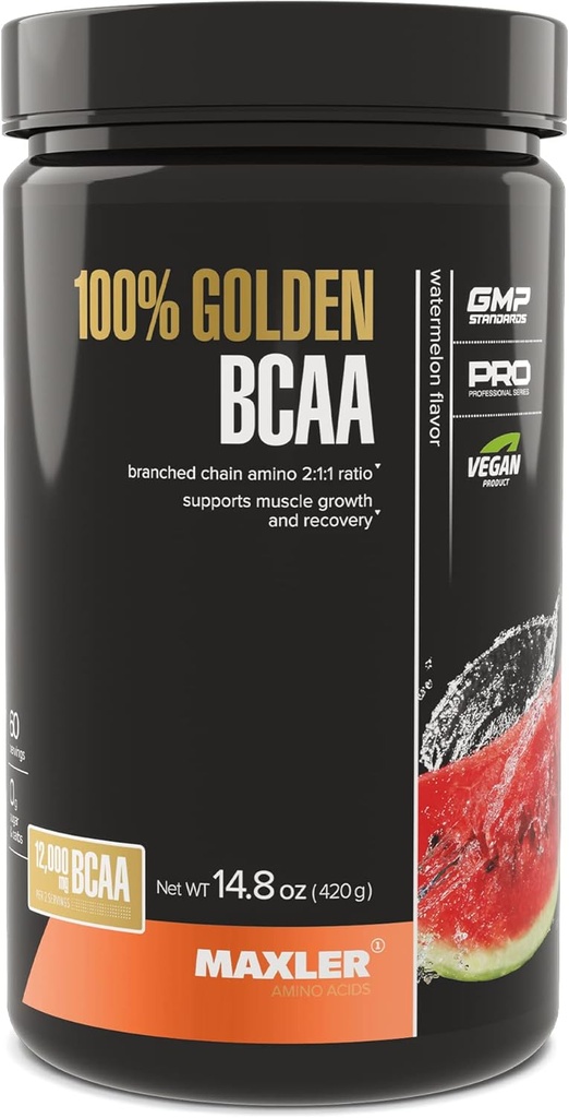 Maxler 100% Golden BCAA pulver - Intra & Post Trening Recovery Drink for akselerert muskelgjenvinning og lean muskelvekst - 6 g Vegan BCAA Aminosyrer - 60 serveringer - Vannmelon
