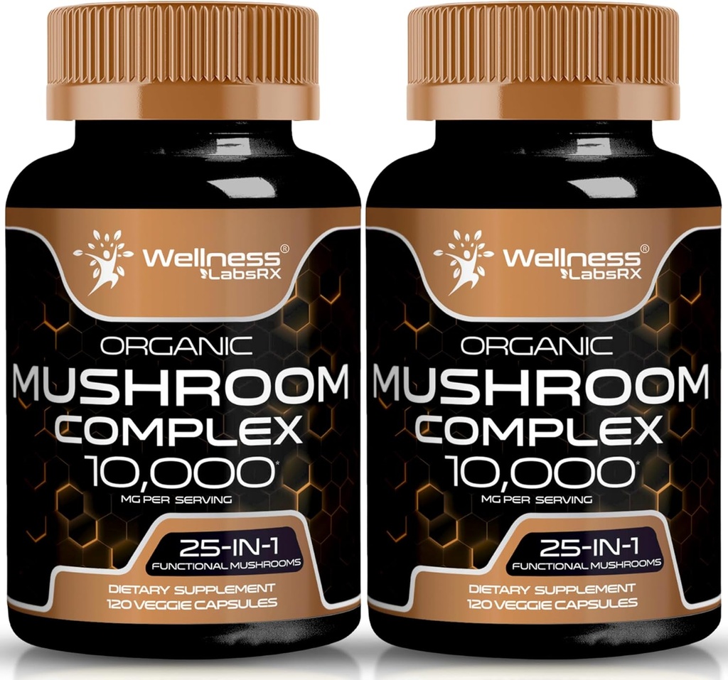 WELLNESS LABSRX Mushroom Supplement Kapsler 10:1 Ekstrakt, Mushroom Complex Kapsler 1000 mg, Lions Mane Supplement med Tyrkia Tail, Cordyceps, Reishi - 2 Pack