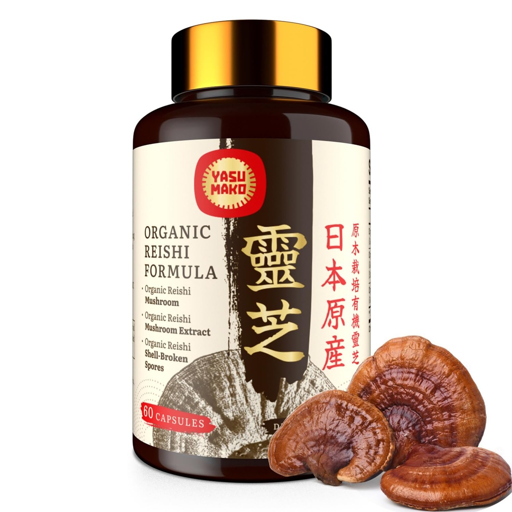 Japanese Reishi Mushroom Supplement 800mg med Reishi Mushroom Extract 500mg & Shell-Broken Spores 200mg, organiske Mushroom Capsules for immunsystem - ekte frukting kroppen (pakke av 1)