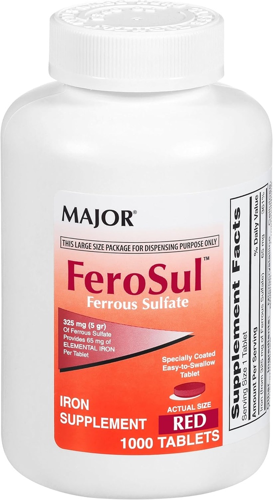 Major FeroSul - Ferrous Sulfate 325 mg tabletter - jerntilskudd for kvinner og menn - spesielt belagte lett-til-svelge tabletter - rød - 1000 Tabletter
