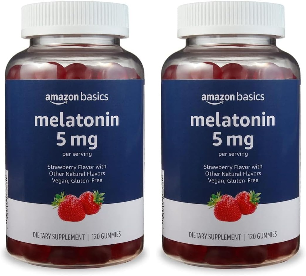 Grunnleggende melatonin 5 mg, 120 gummier (2 per servering), jordbær (tidligere Solimo) (pakke med 2)
