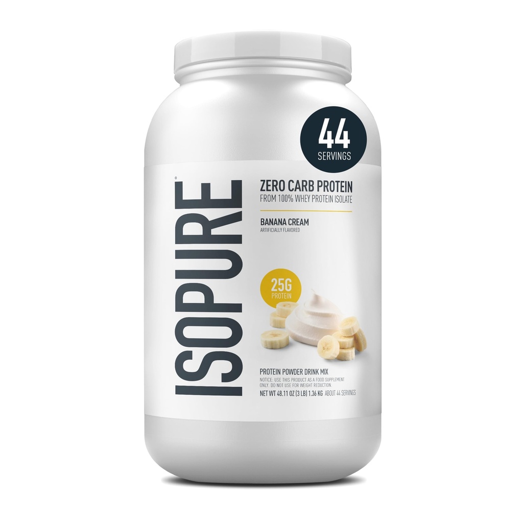 Isopure Zero Carb 100% ren Whey Isolate Protein pulver, Laktose gratis, Glutenfri, Med Vitaminer, Banan krem, 25g Protein Per Serving, 3 Lbs, 44 Serveringer (Packaging May Vary)