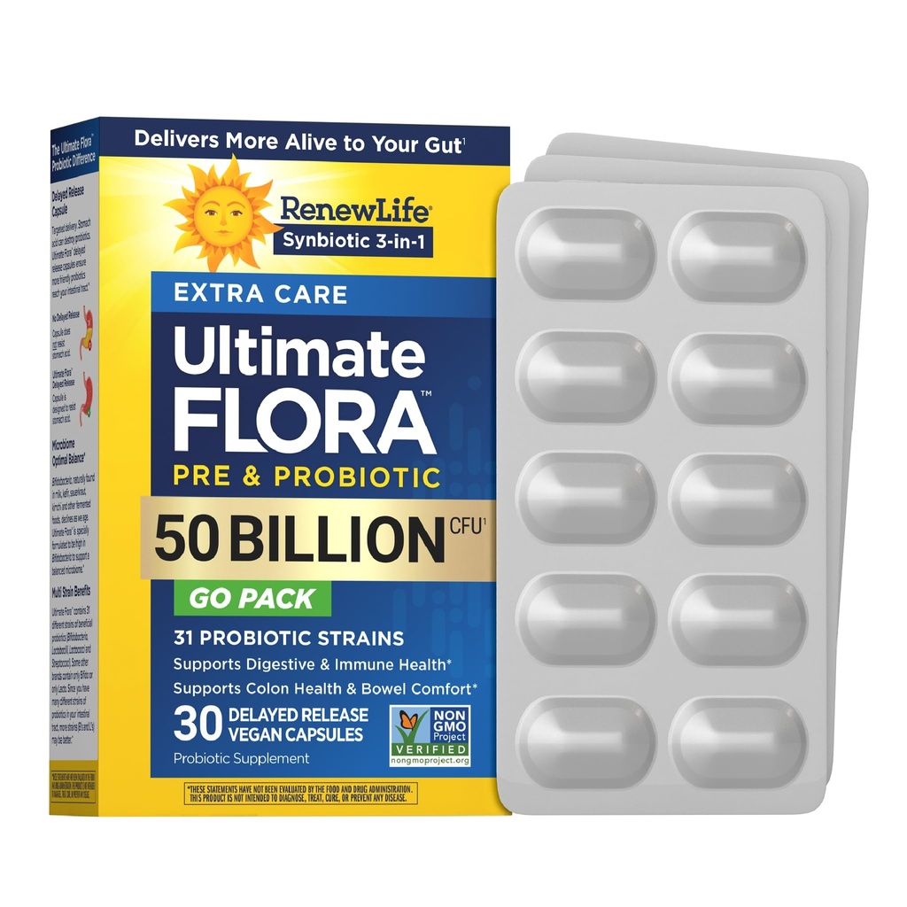 Renew Life Extra Care Go-Pack Probiotiske kapsler, Daily Supplement støtter immune, Digestiv og pustende helse, L. Rhamnosus GG, Dairy, Soya og glutenfri, 50 milliarder CFU, 30 Ct