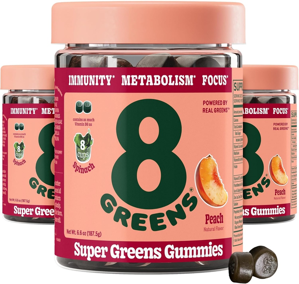 8Greens Supergreens Gummies Super Greens pulver Superfood Gummy for metabolisme, immunitet og fokus, Digestiv helse Enzymer, Organisk: Klorella, Spirulina, Aloe Vera, Peach Flavor, 150 greve
