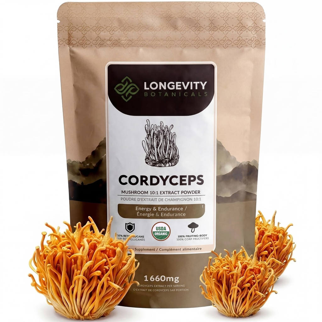 Longevity Botanicals Økologisk Cordyceps Mushroom Ekstrakt pulver 100g | Konsentrert 10:1 Ratio | 100% Fruiting Bodies | Cordyceps Militaris Naturlig Supplement for energi, Stamina og pustende støtte