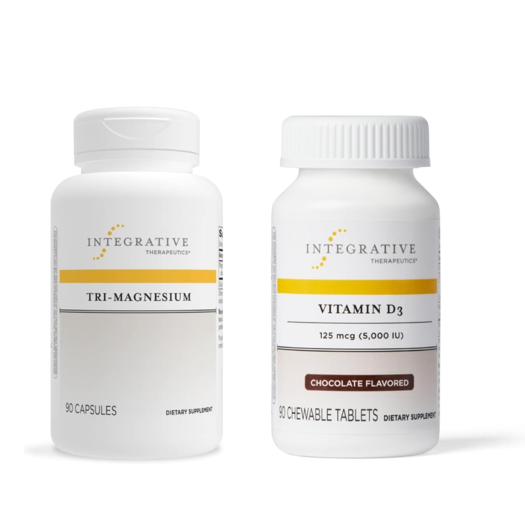 Integrative terapier Bundle med Tri-Magnesium, 90 kapsler og vitamin D3 125mg, 90 Flavored Chewables - Støtter hjertefunksjon og bein helse* - Bone Helsestøtte