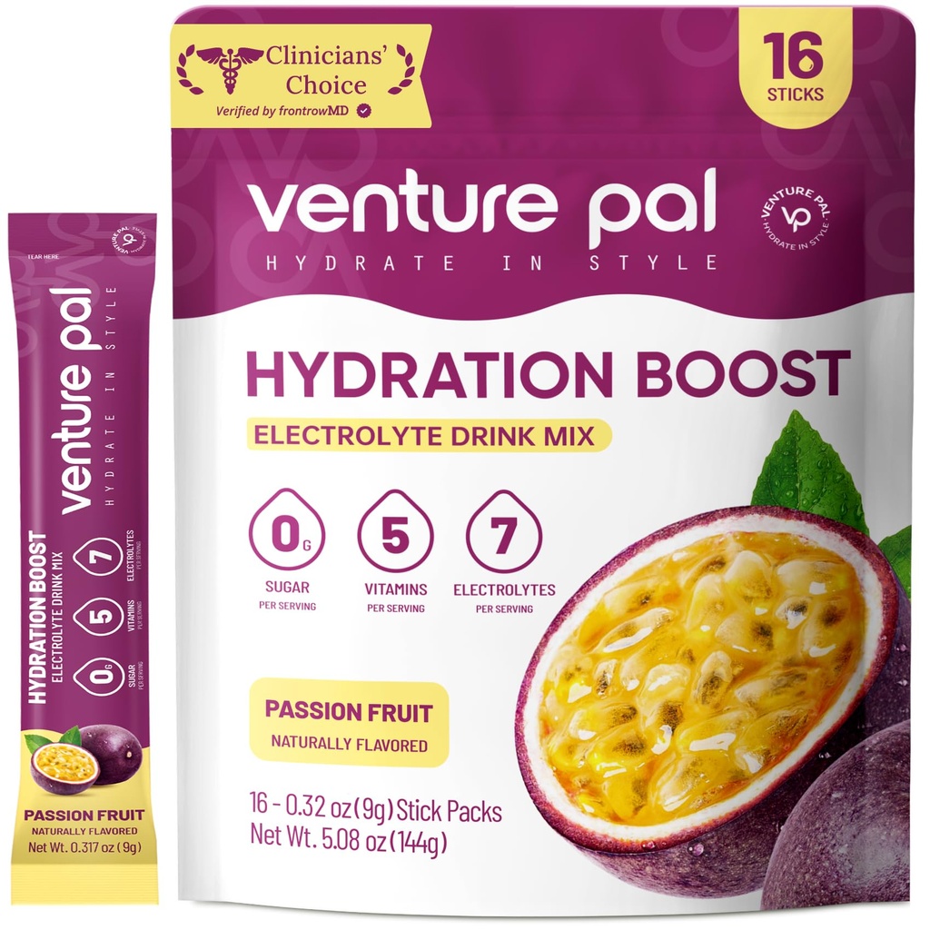 Venture Pal Sukker Gratis Elektrolyte pulver pakker - flytende daglig IV drikke blanding for rask hydrasjon og fest utvinning | 5 vitaminer og 7 elektrolyter | keto vennlig | Ikke-GMO | Certified Vegansk | 16 Sticks