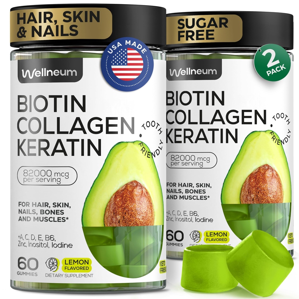 Biotin og collagen Peptid Gummies for hårvekst, hud og negler 120 stk (2 pakke) - 82000 Mcg - Biotin Chewables med Keratin Max styrke - Skjønnhet gummier for kvinner og menn - sukkerfri, ikke-GMO