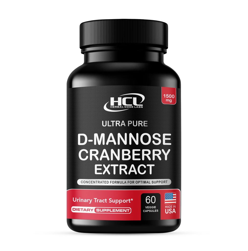 HCL HERBAL CODE LABS D-Mannose med Cranberry Extract Capsules 1500mg - høy potens USP-grad D-Mannose Supplement med hele frukt tranebær pulver – urinveitrakt støtte – ikke-GMO 60 kapsler
