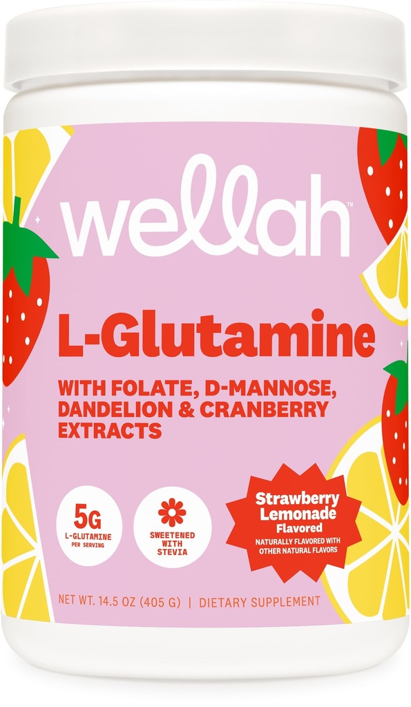 Wellah L-Glutamine Strawberry Lemonade Flavored (50 serveringer) - 5g L-Glutamin Per Serving, Søt med Stevia