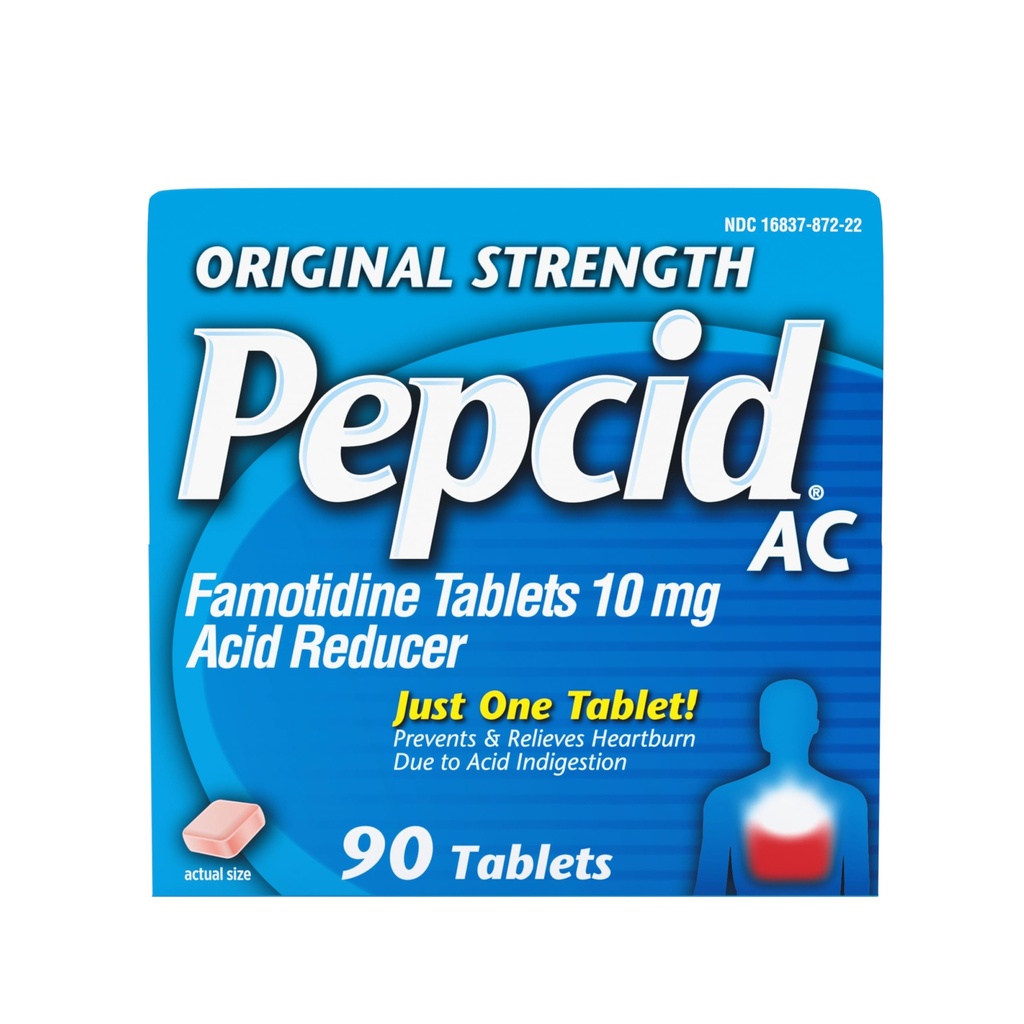 Pepcid AC Original styrke Heartburn Relief Tabletter, OTC medisin hindrer og lindrer Heartburn På grunn av syreødem & Sour Mage, 10 mg Famotidinsyre Reducer, Fast-Acting, 90 ct