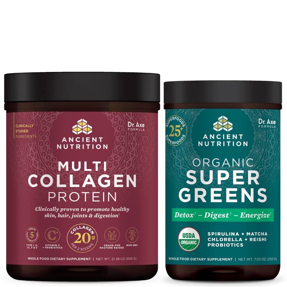 Antikkens Ernæring Multi Collagen Protein pulver, uflavorert, 60 serveringer + Supergreens pulver, Greens Flavor, 25 Services