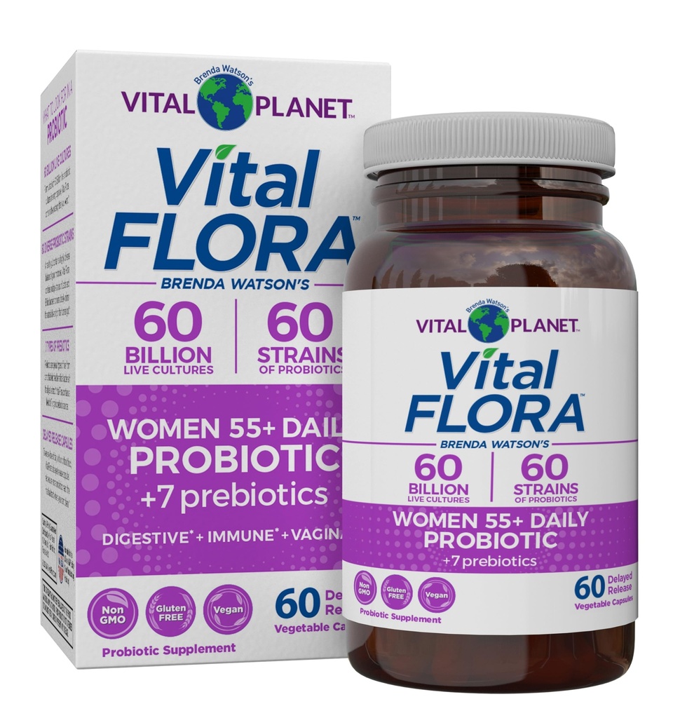 Vital Planet - Vital Flora kvinner over 55 daglige probiotika, 60 milliarder CFU, Diverse Strains, organiske prebiotika, Vaginal og immun støtte, Digestive helseprobiotika for kvinner 60 kapsler